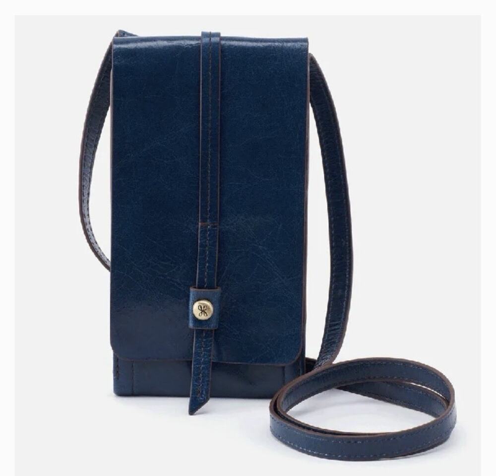 Hobo Token Wallet Crossbody-Pebbled Leather-Phone Holder-Adjustable-Peacock BLue